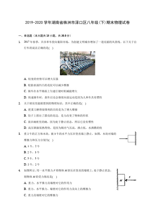 2019-2020学年湖南省株洲市渌口区八年级(下)期末物理试卷