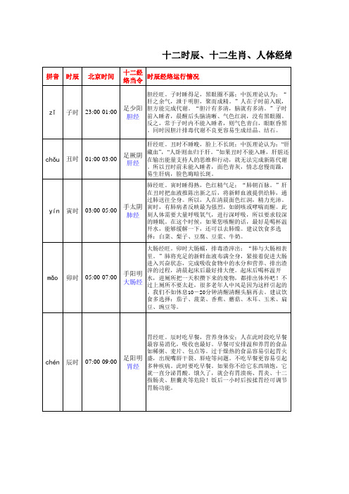 十二时辰 十二生肖 人体经络时表