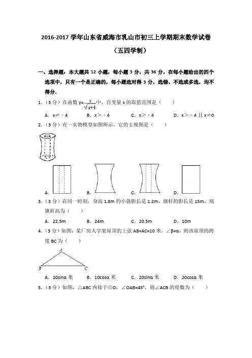 2016-2017年山东省威海市乳山市初三上学期期末数学试卷及参考答案