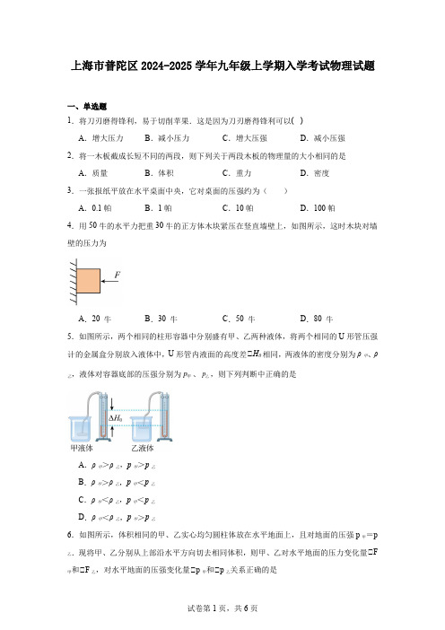 上海市普陀区2024-2025学年九年级上学期入学考试物理试题