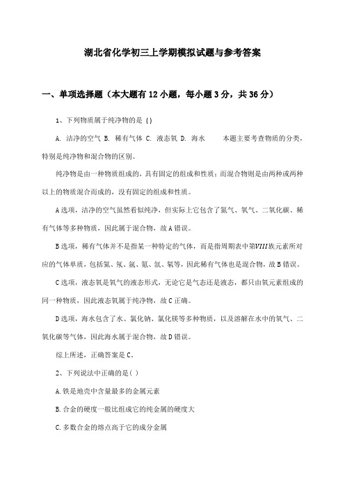 湖北省化学初三上学期模拟试题与参考答案