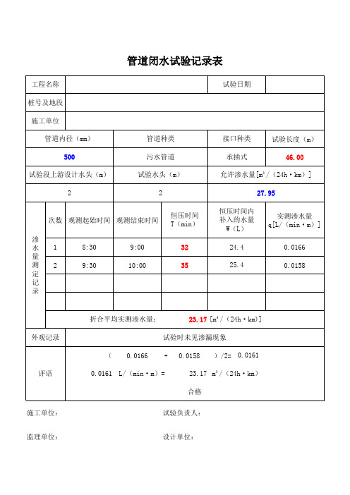 (完整版)管道闭水试验记录表(自动计算)