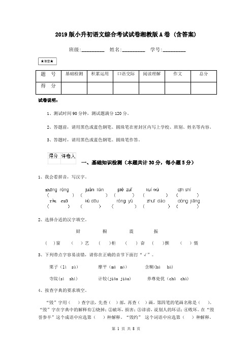 2019版小升初语文综合考试试卷湘教版A卷 (含答案)