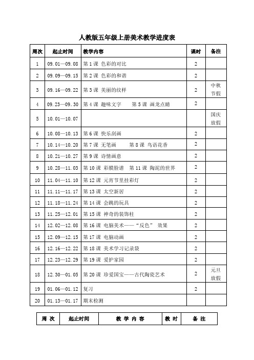 人教版五年级上册美术教学进度表