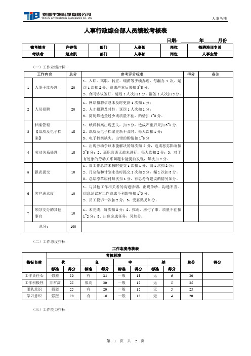 招聘培训专员绩效考核表