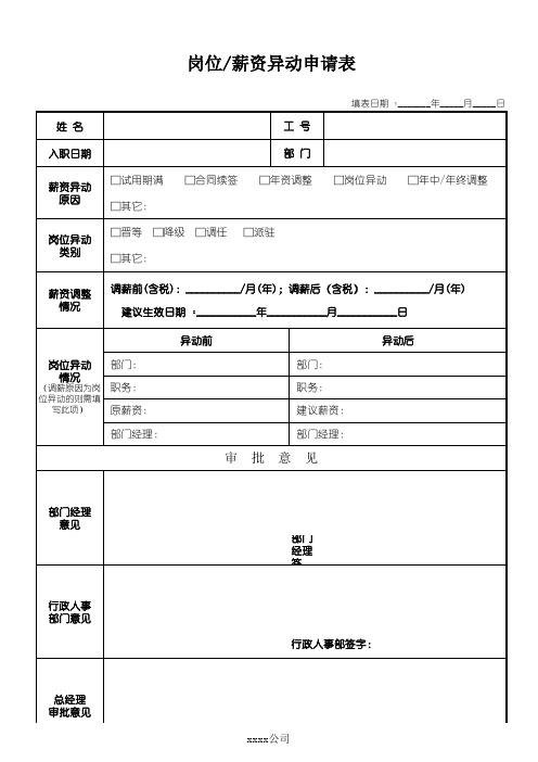 岗位薪资异动申请表