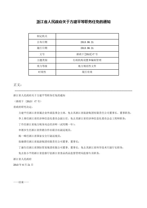 浙江省人民政府关于方建平等职务任免的通知-浙政干[2013]47号