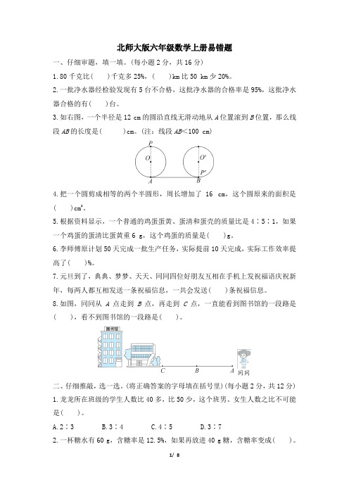 北师大版六年级数学上册期末 易错题 专项试卷附答案