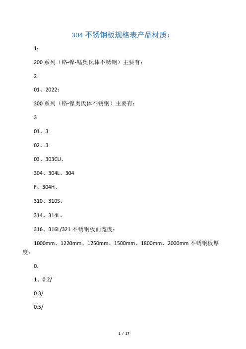 304不锈钢规格表