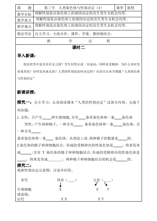 人类染色体与性别决定(第2课时)教学案济南版生物八年级上册
