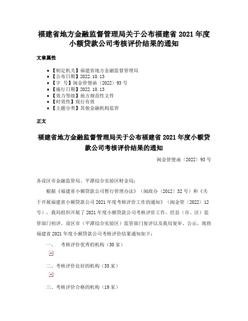 福建省地方金融监督管理局关于公布福建省2021年度小额贷款公司考核评价结果的通知