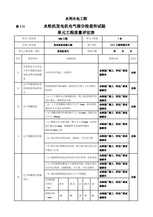 表3.31-水轮机发电机电气部分检查和试验单元工程质量评定表(例表)