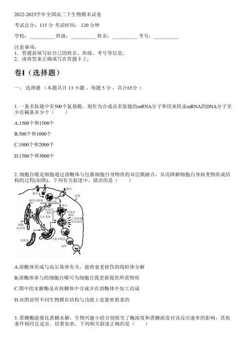 2022-2023学年全国高中高二下生物人教版期末试卷(含解析)