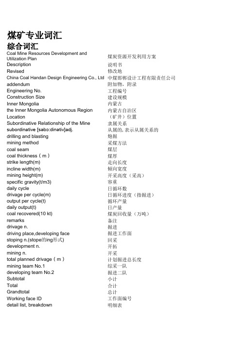 煤矿专业常用英语词汇