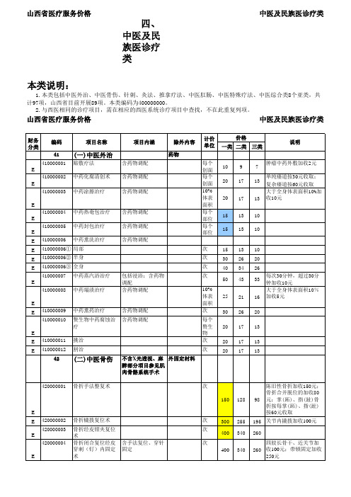 山西省医疗服务项目价格明细