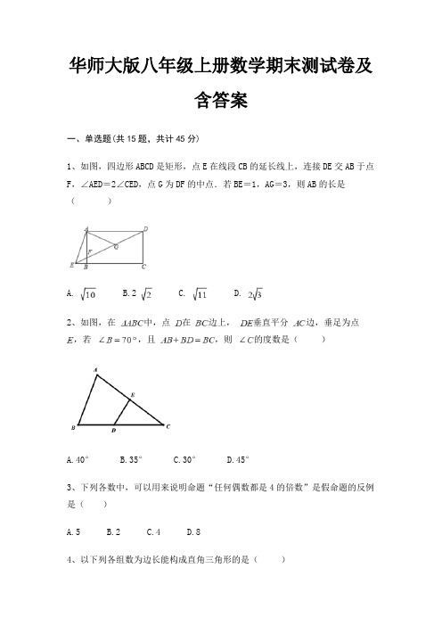 华师大版八年级上册数学期末测试卷及含答案(易错题)(综合卷)