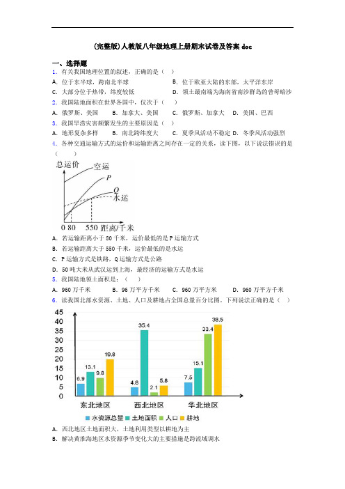 (完整版)人教版八年级地理上册期末试卷及答案doc