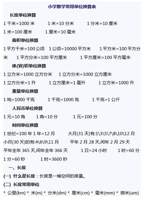 小学数学1到6年级常用单位换算表