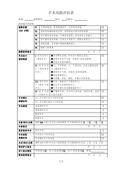 医院手术风险评估表(新修订)