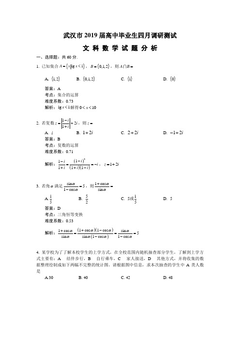 武汉市2019届四月调考文科数学试题分析