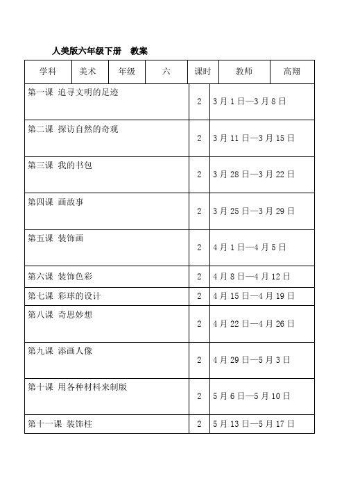 人美版小学美术六年级下第12册教案(带反思、德育)