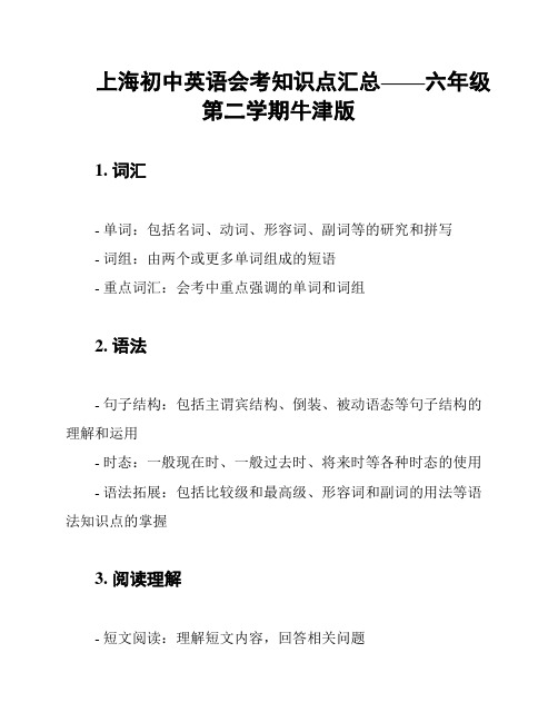 上海初中英语会考知识点汇总——六年级第二学期牛津版