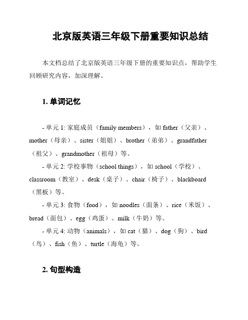 北京版英语三年级下册重要知识总结