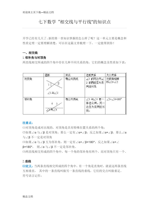 最新初一(七年级)下册数学相交线与平行线的知识点