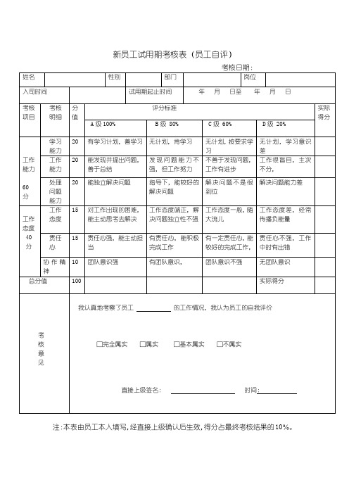 新员工试用期考核表(员工自评)