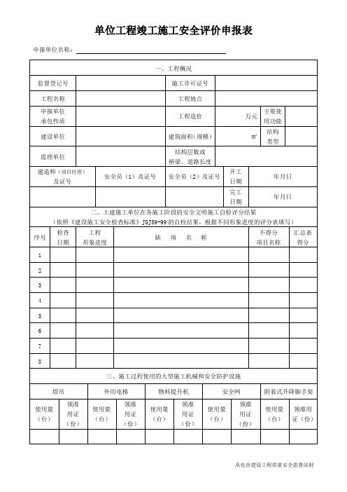 单位工程竣工施工安全评价申报表