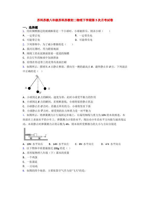 苏科苏教八年级苏科苏教初二物理下学期第3次月考试卷