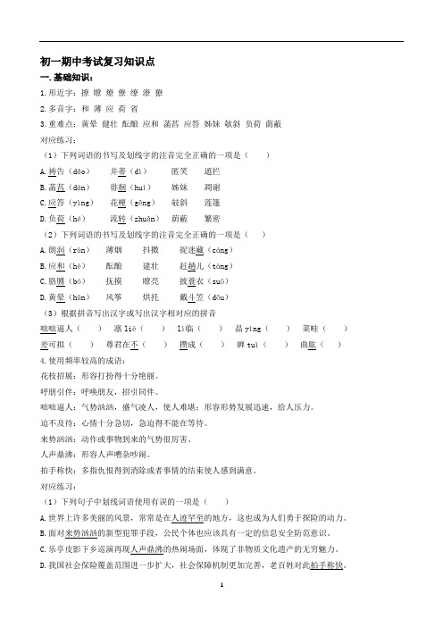 初中七年级语文期中考试知识点复习