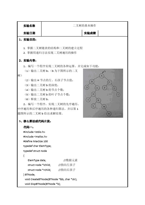 实验六  二叉树的基本操作实验报告