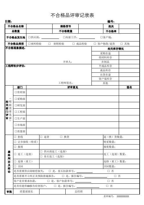 不合格品评审记录表