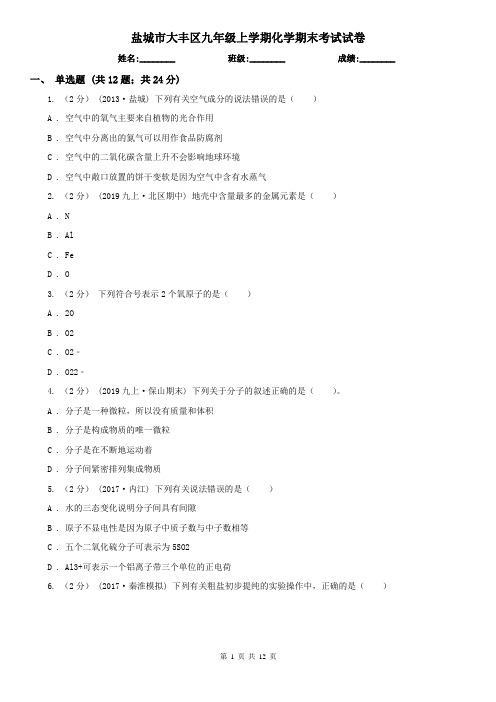 盐城市大丰区九年级上学期化学期末考试试卷