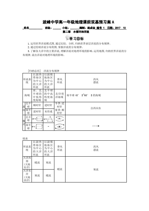 河北省涞水波峰中学湘教版高中地理必修一导学案：2.4水循环和洋流2 Word版缺答案