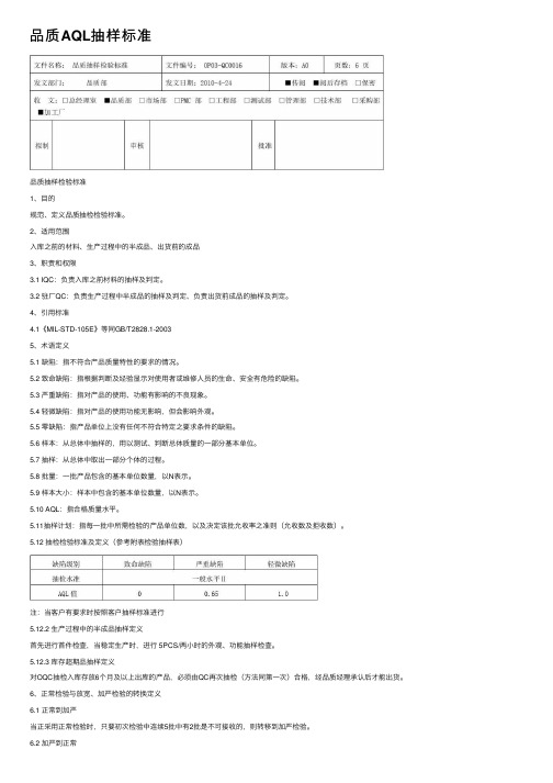 品质AQL抽样标准