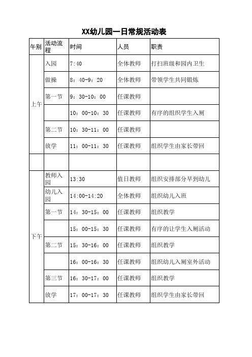 幼儿园时间一日常规活动表