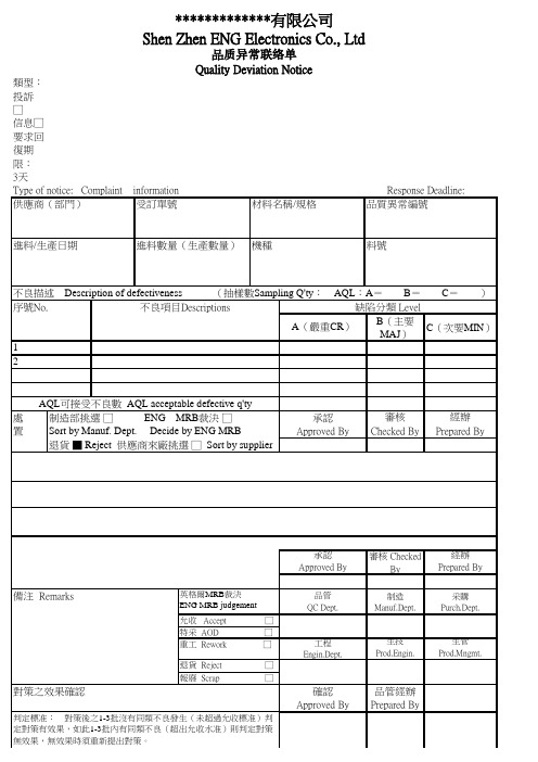 产品品质异常联络单,格式