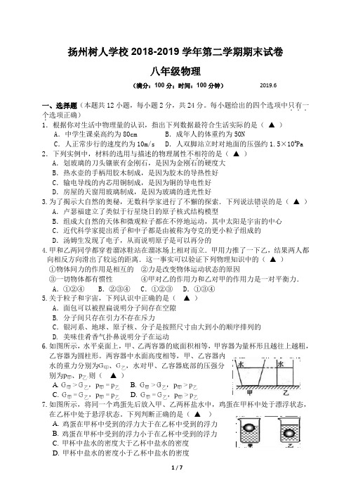 扬州树人学校2018-2019 学年第二学期期末试卷八年级物理(含答案)