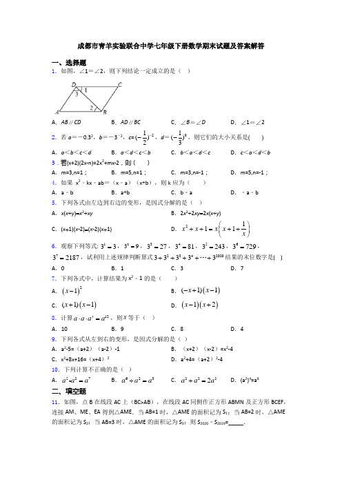 成都市青羊实验联合中学七年级下册数学期末试题及答案解答