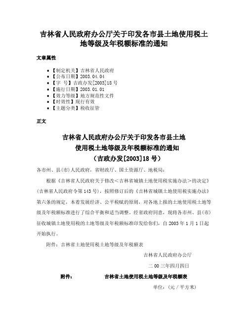 吉林省人民政府办公厅关于印发各市县土地使用税土地等级及年税额标准的通知