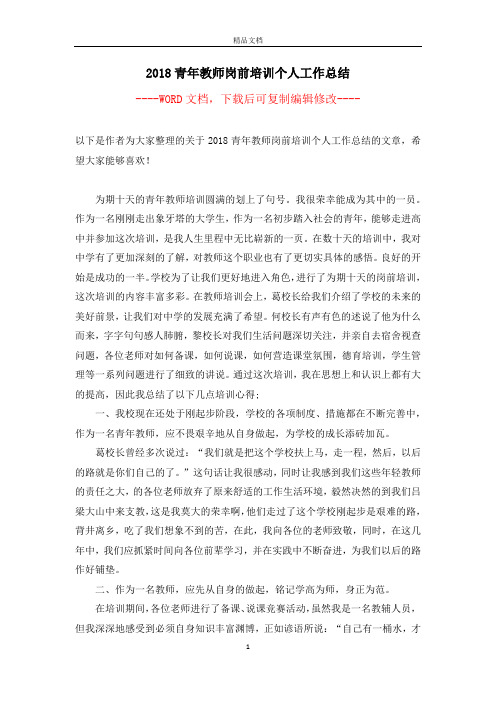 2018青年教师岗前培训个人工作总结