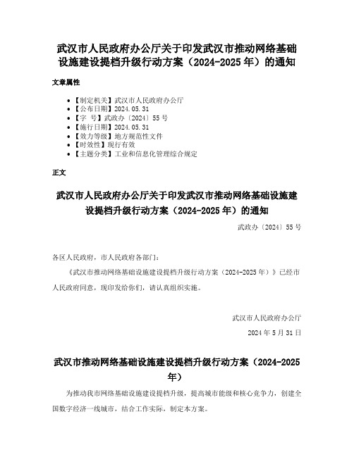 武汉市人民政府办公厅关于印发武汉市推动网络基础设施建设提档升级行动方案（2024-2025年）的通知