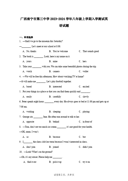 广西南宁市第三中学2023-2024学年八年级上学期入学测试英语试题