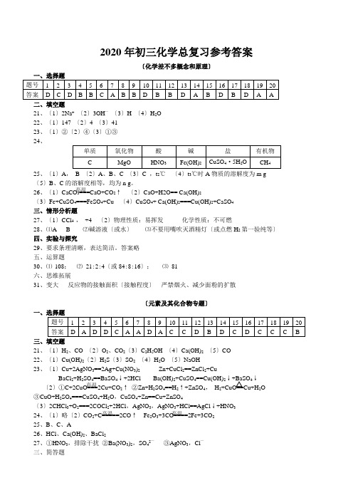 2020年初三化学总复习参考答案