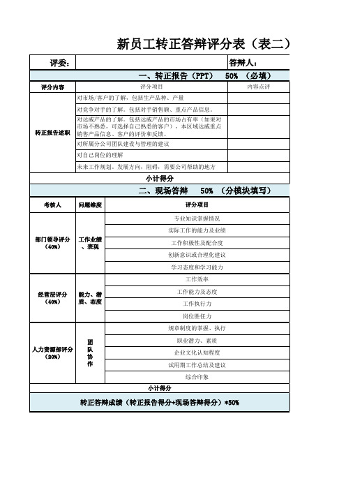 转正答辩评分表