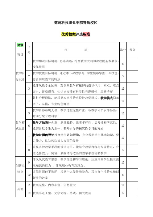 高职院校优秀教案评选标准(精选)