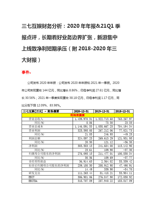 三七互娱财务分析：2020年年报点评,长期看好业务扩张,净利短期承压(附2018-2020年三大财报