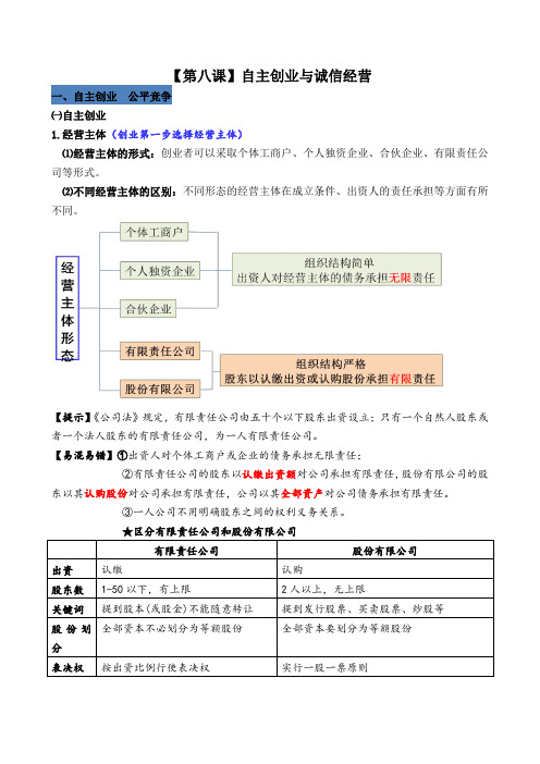 高中政治选修二第八课 自主创业与诚信经营 